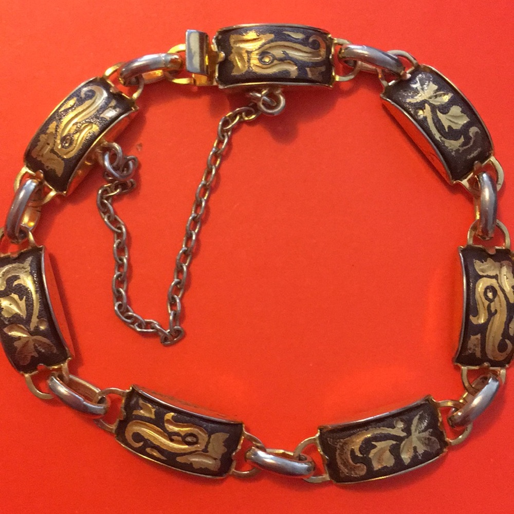 Spanish Vintage DAMASCENE bracelet w/ chain - Picture 4 of 4